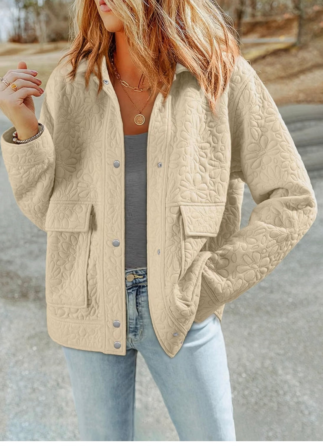 Women's Beige Quilted Loose Fit Button Down Jacket