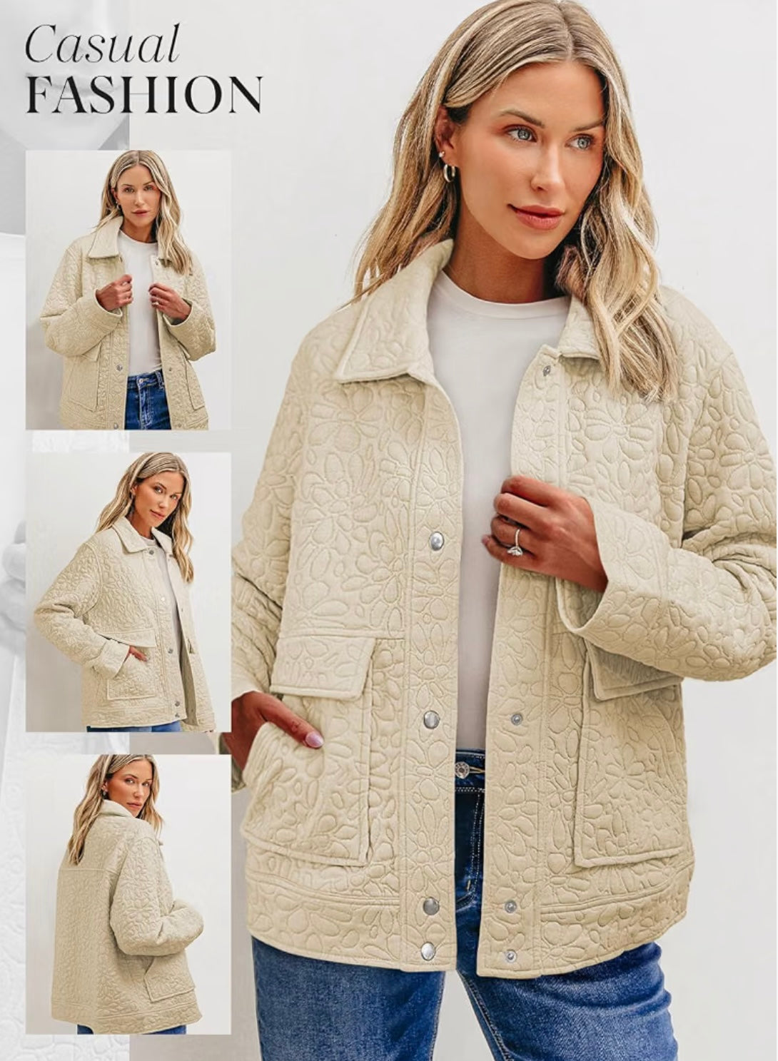 Women's Beige Quilted Loose Fit Button Down Jacket
