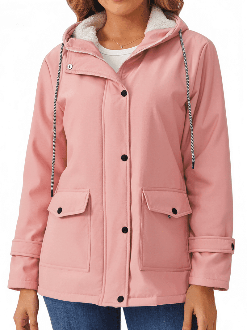 Women’s Pink Winter Coat, Heavyweight Waterproof Hooded Full-Zip Mid-Length Jacket