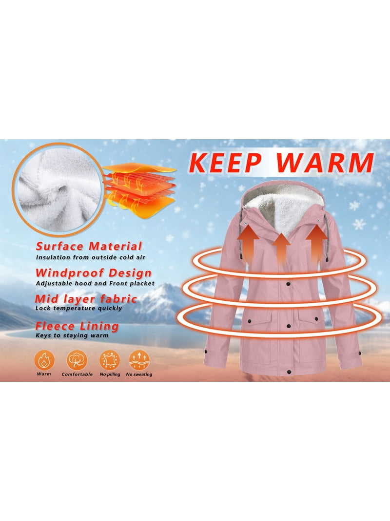 Women’s Pink Winter Coat, Heavyweight Waterproof Hooded Full-Zip Mid-Length Jacket