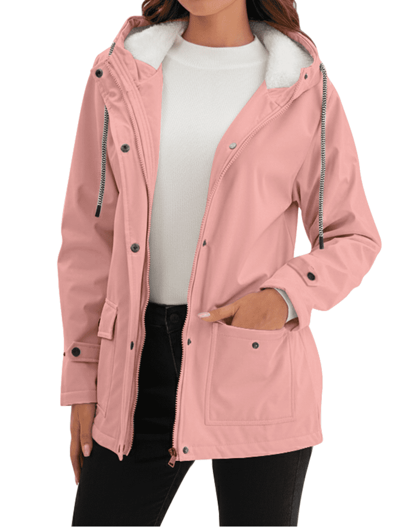 Women’s Pink Winter Coat, Heavyweight Waterproof Hooded Full-Zip Mid-Length Jacket